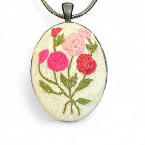 Pink Roses Embroidery Necklace Handmade Pendant Jewelry